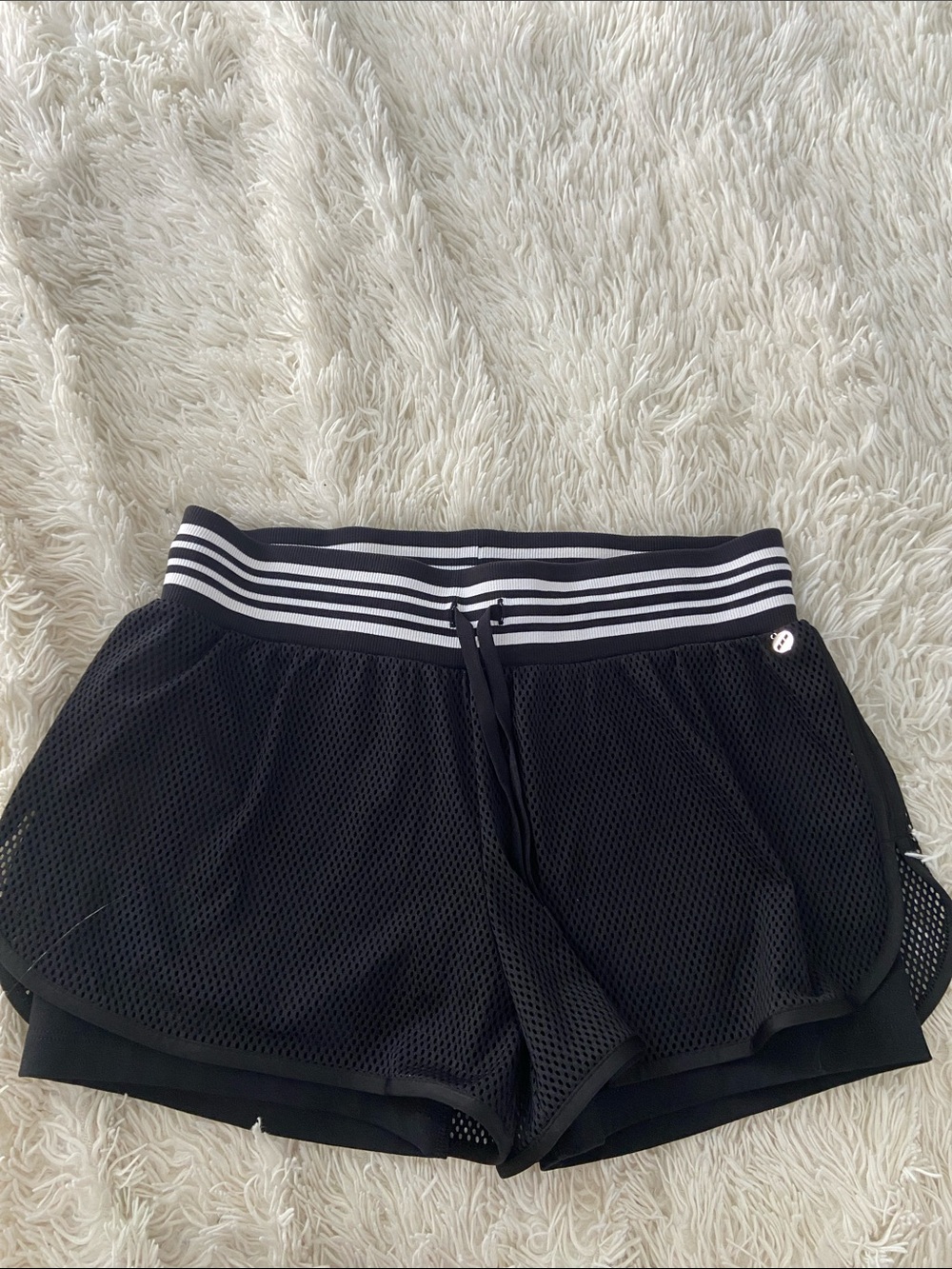 Lorna Jane Black Mesh Athletic Shorts with Striped Waistband